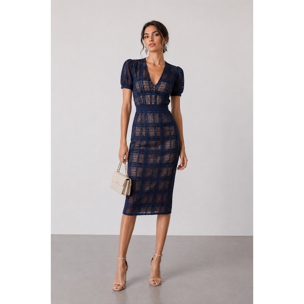 NWT FEHAUTE Blue Plaid Organza Overlay Cocktail Midi Dress US 6